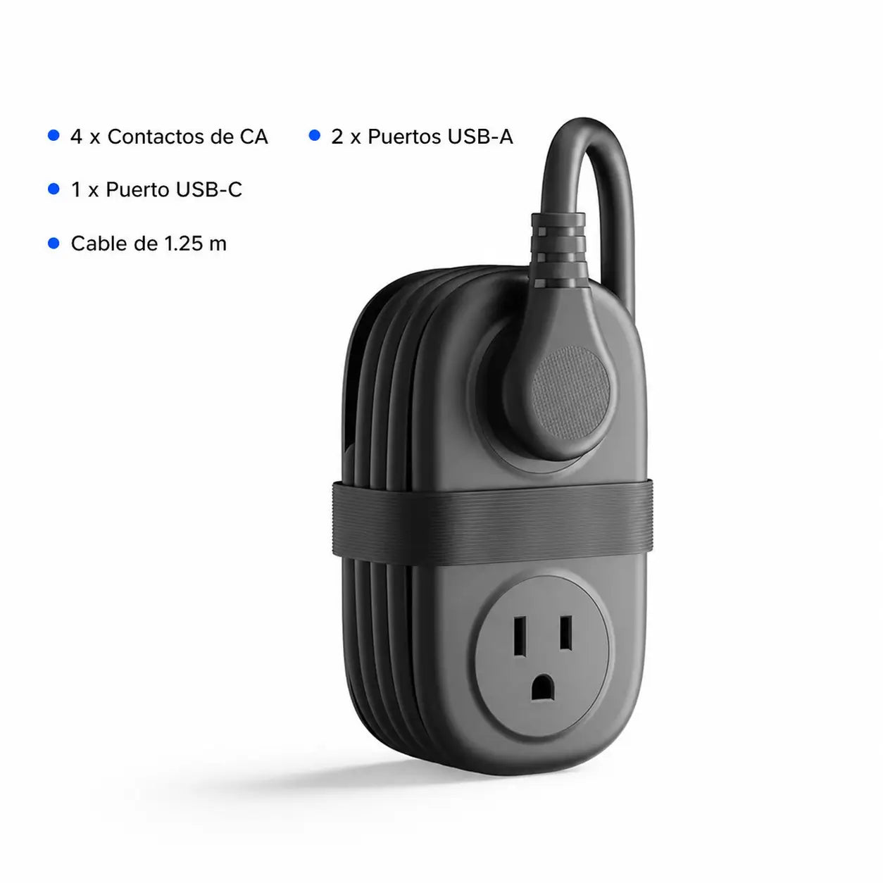 Multicontacto de viaje compacto con 4 tomas AC, USB-A y USB-C, cable de 1.25 m para hotel, crucero y escritorio ordenado