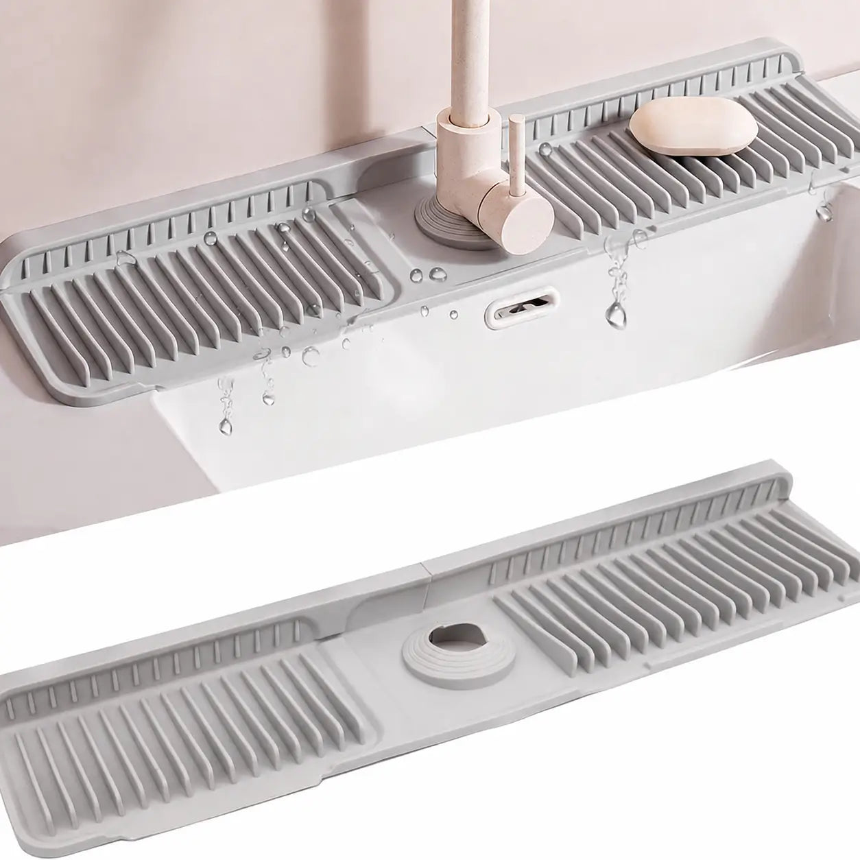Tapete de silicón para grifo con drenado automático y seguro de botón para mantener seca tu tarja de cocina sin salpicaduras