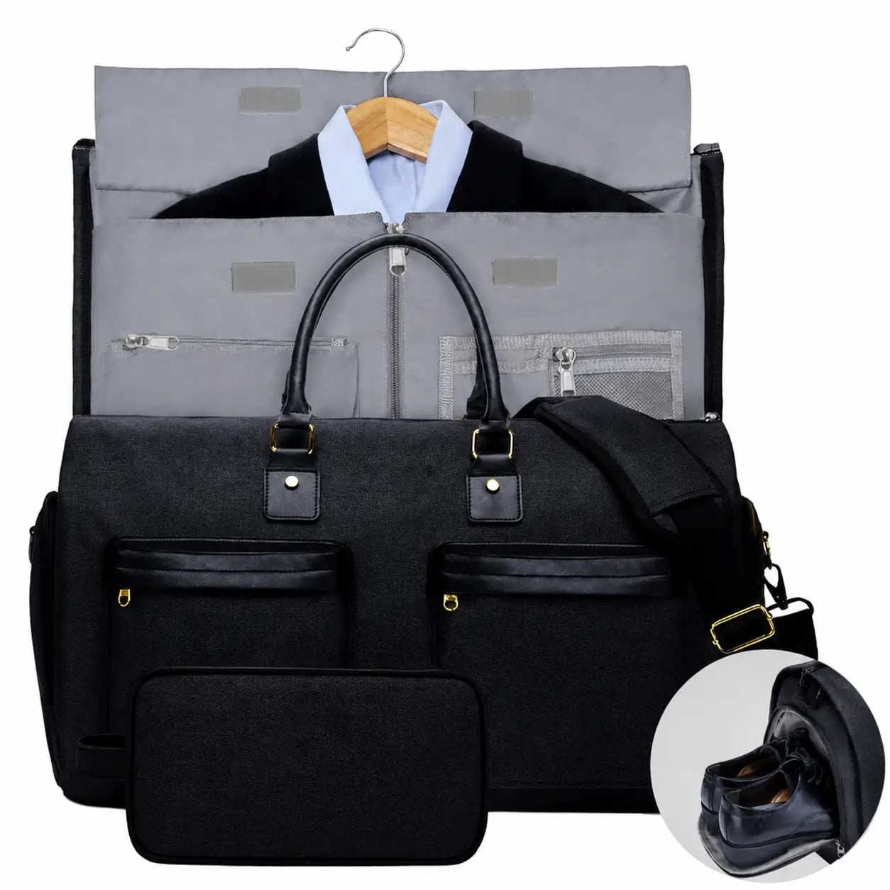 Bolsa weekender 57 L aprobada para avión con portatrajes desplegable, bolsillos con cierre y zapatero ventilado para viajes de fin de semana