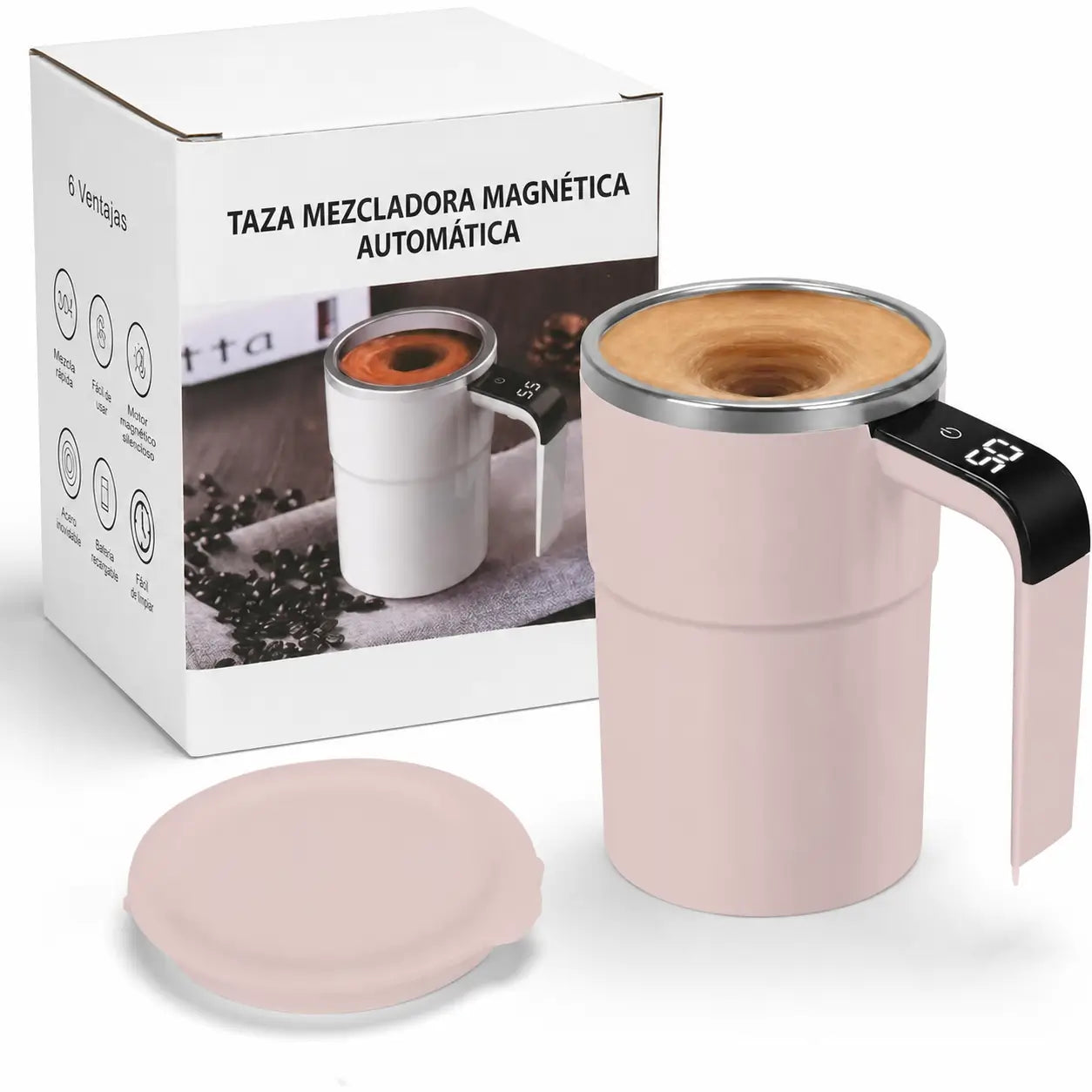 Taza mezcladora automática recargable con agitador magnético y termómetro LCD para café, leche y bebidas sin usar cuchara