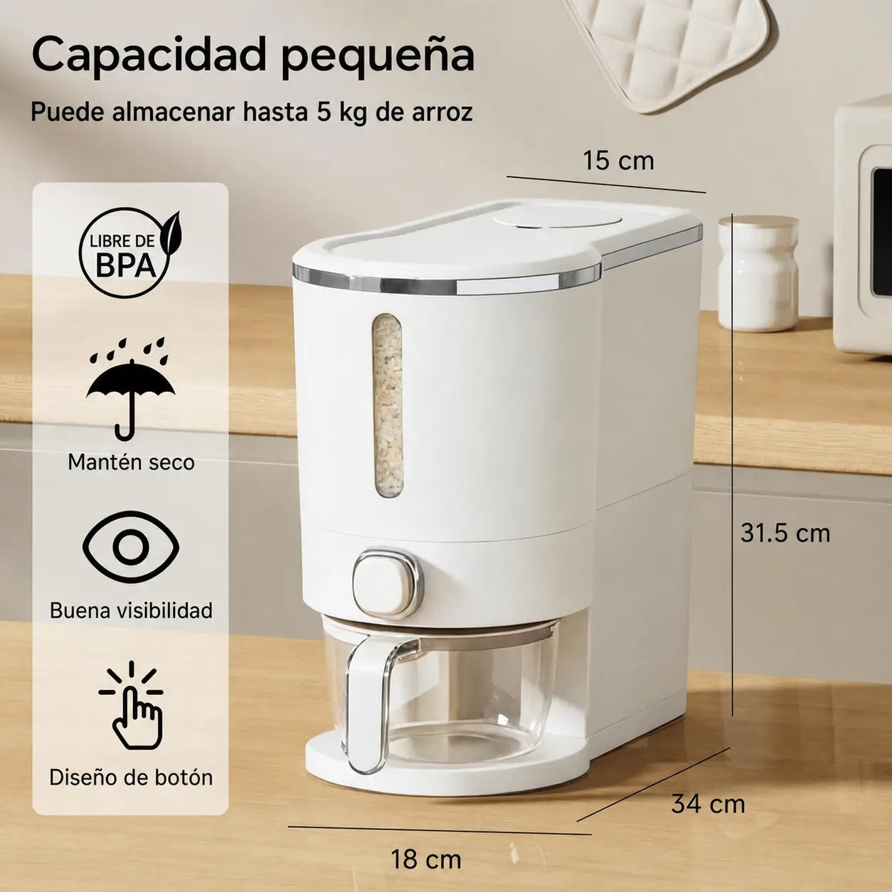 Dispensador hermético de arroz con taza medidora y protección contra insectos para cocina y despensa familiar ordenada de uso diario en casa