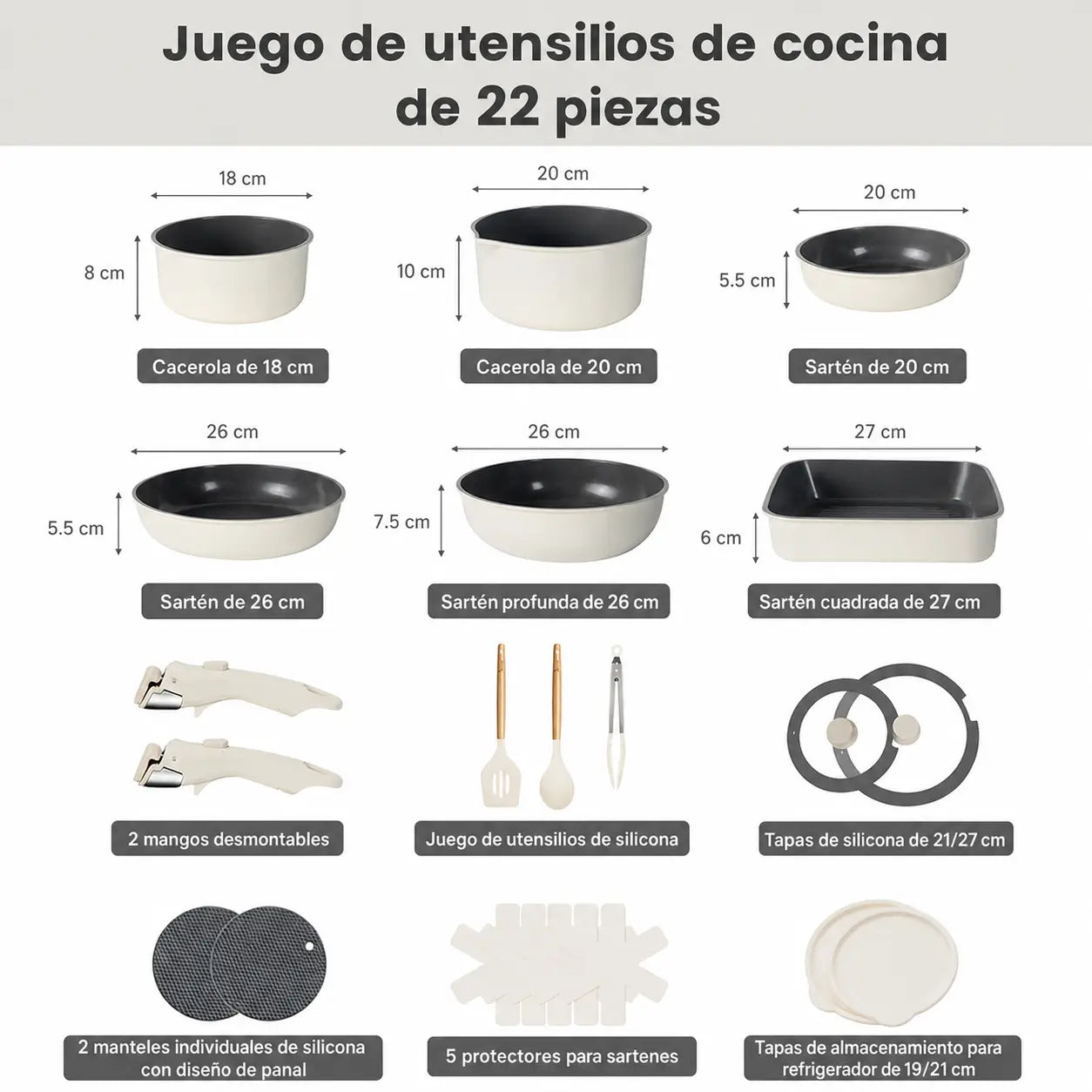 Set de ollas y sartenes cerámicos antiadherentes de 22 piezas con mango desmontable para cocina diaria y espacios pequeños en casa