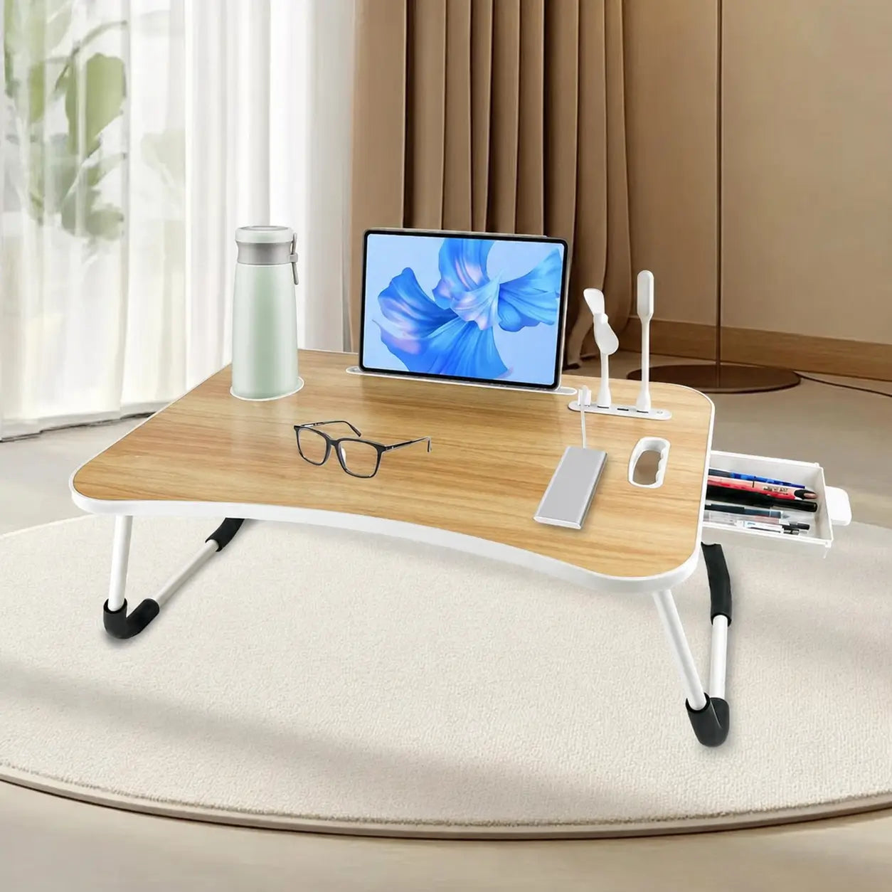 Mesa plegable para laptop con 4 puertos USB, cajón y portavasos para trabajar, leer o estudiar cómodo en cama o sofá