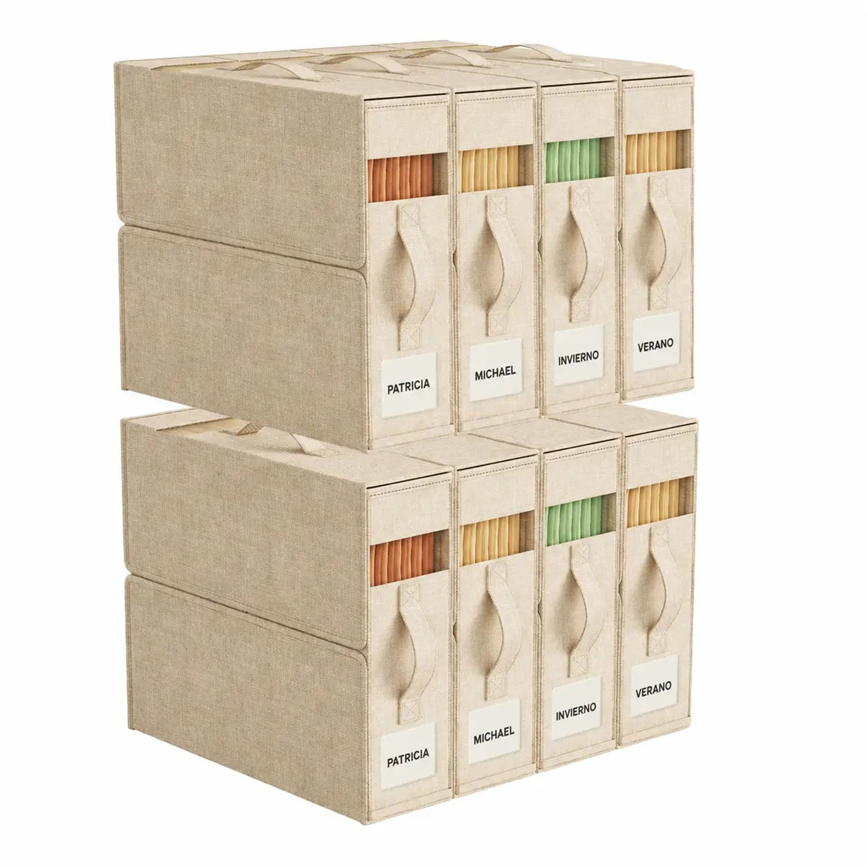 Set de 4 organizadores para sábanas con ventana transparente, cajas plegables para clóset de blancos king y queen con asa reforzada