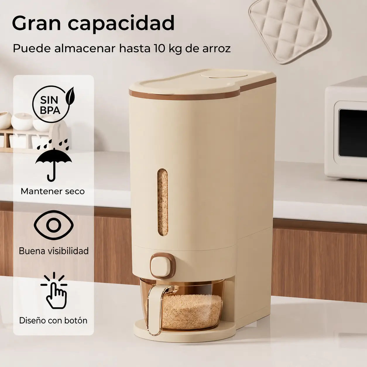 Dispensador hermético de arroz con taza medidora y protección contra insectos para cocina y despensa familiar ordenada de uso diario en casa