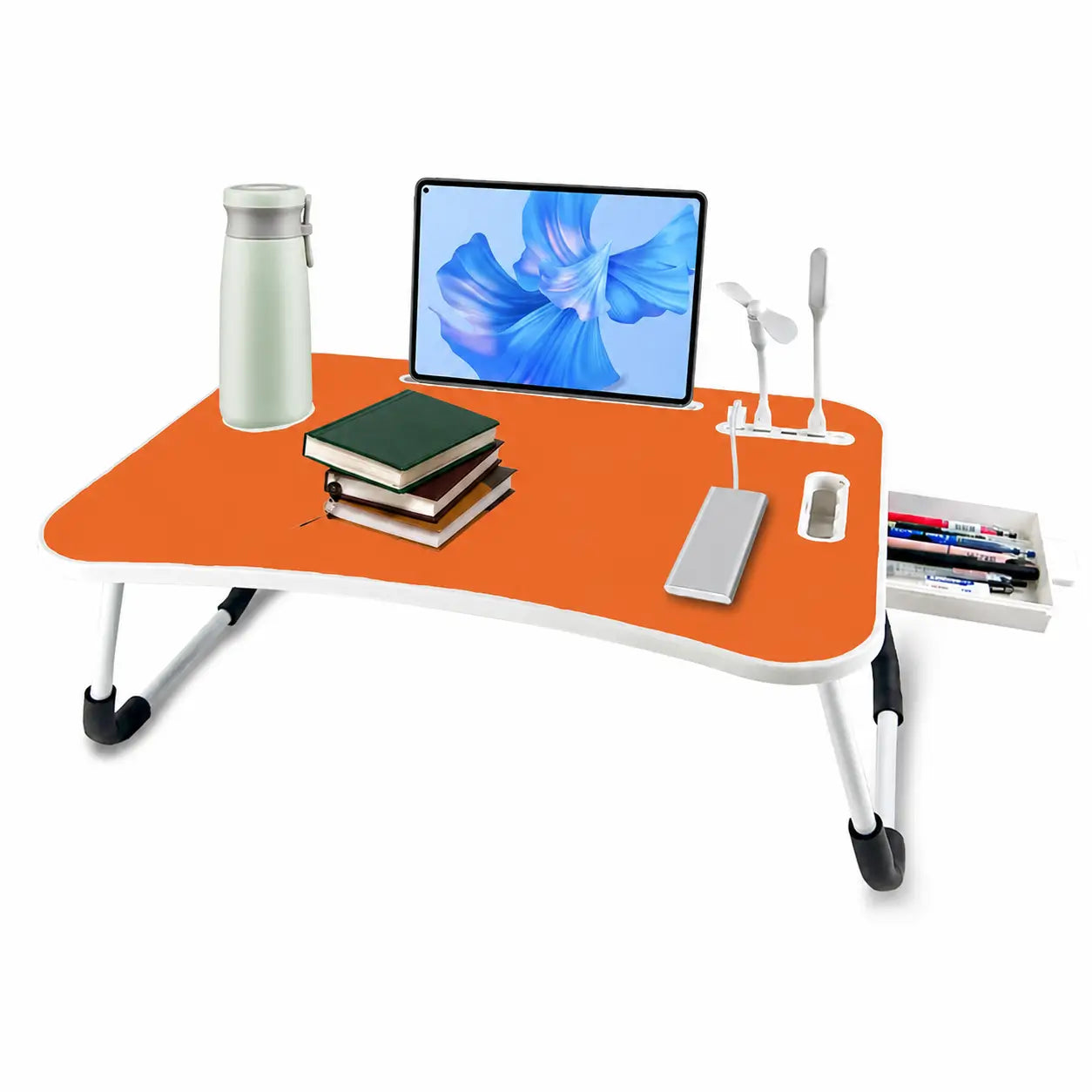 Mesa plegable para laptop con 4 puertos USB, cajón y portavasos para trabajar, leer o estudiar cómodo en cama o sofá