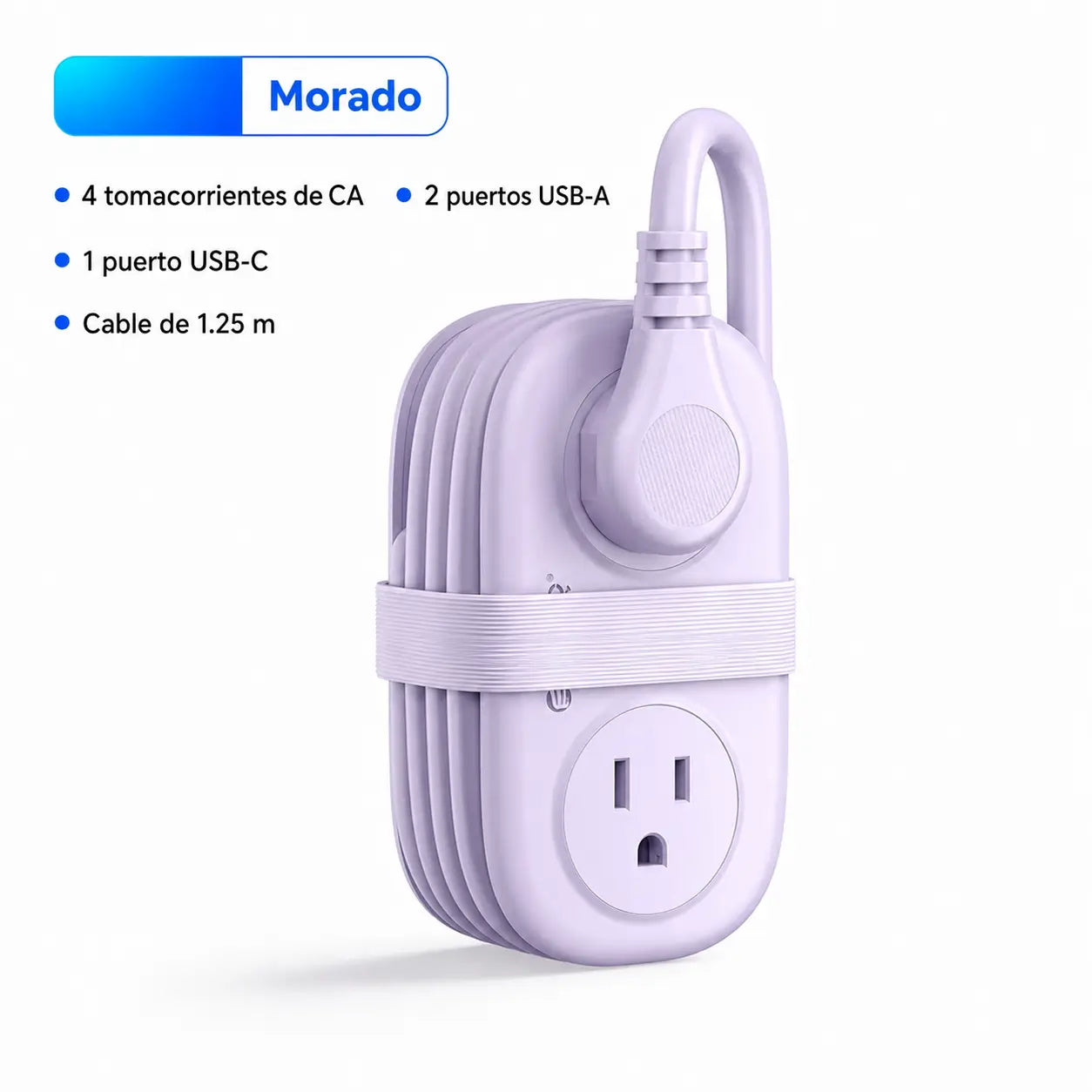 Multicontacto de viaje compacto con 4 tomas AC, USB-A y USB-C, cable de 1.25 m para hotel, crucero y escritorio ordenado