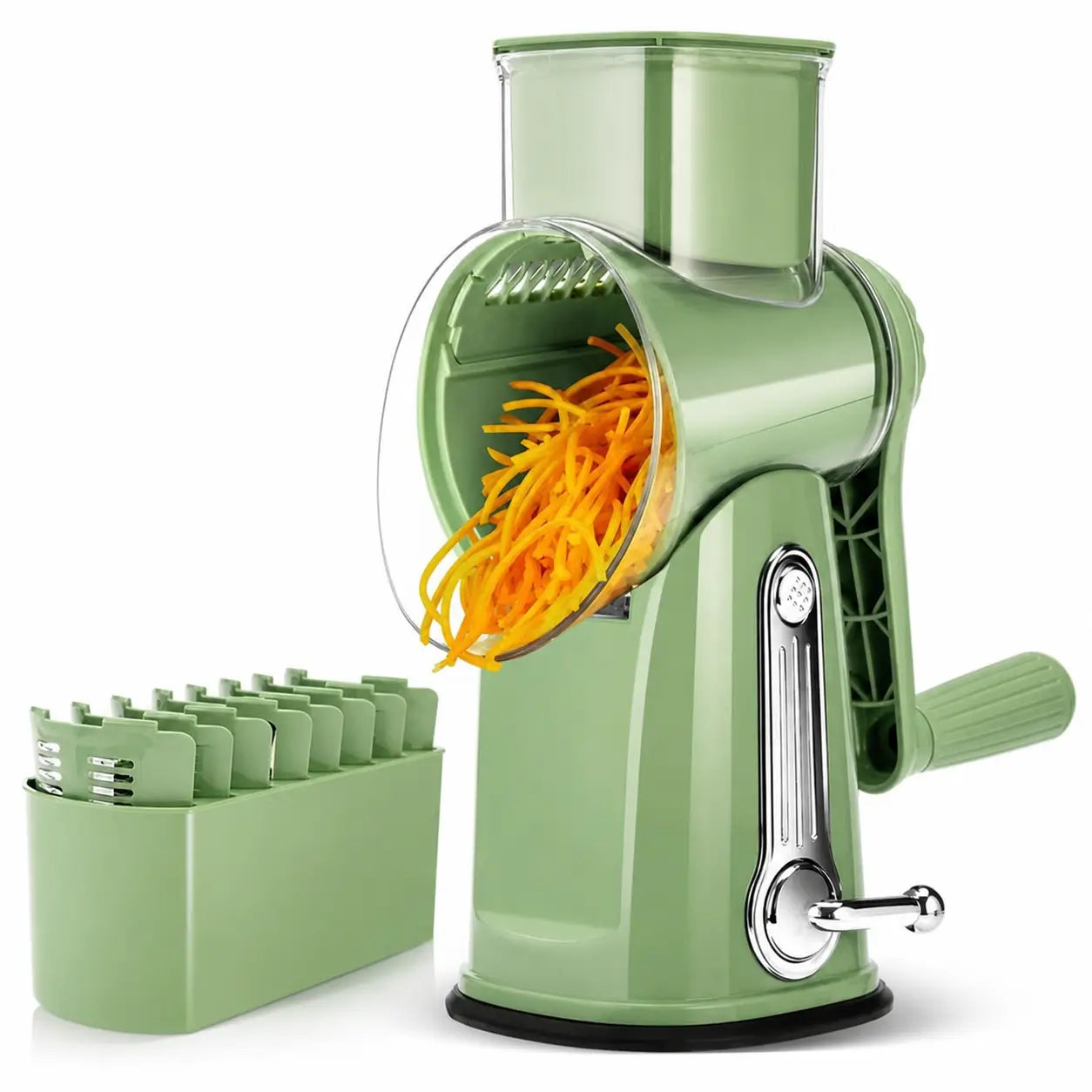 Rallador rotativo de queso con 5 cuchillas intercambiables y base de succión para verduras, frutas y cocina diaria segura en casa