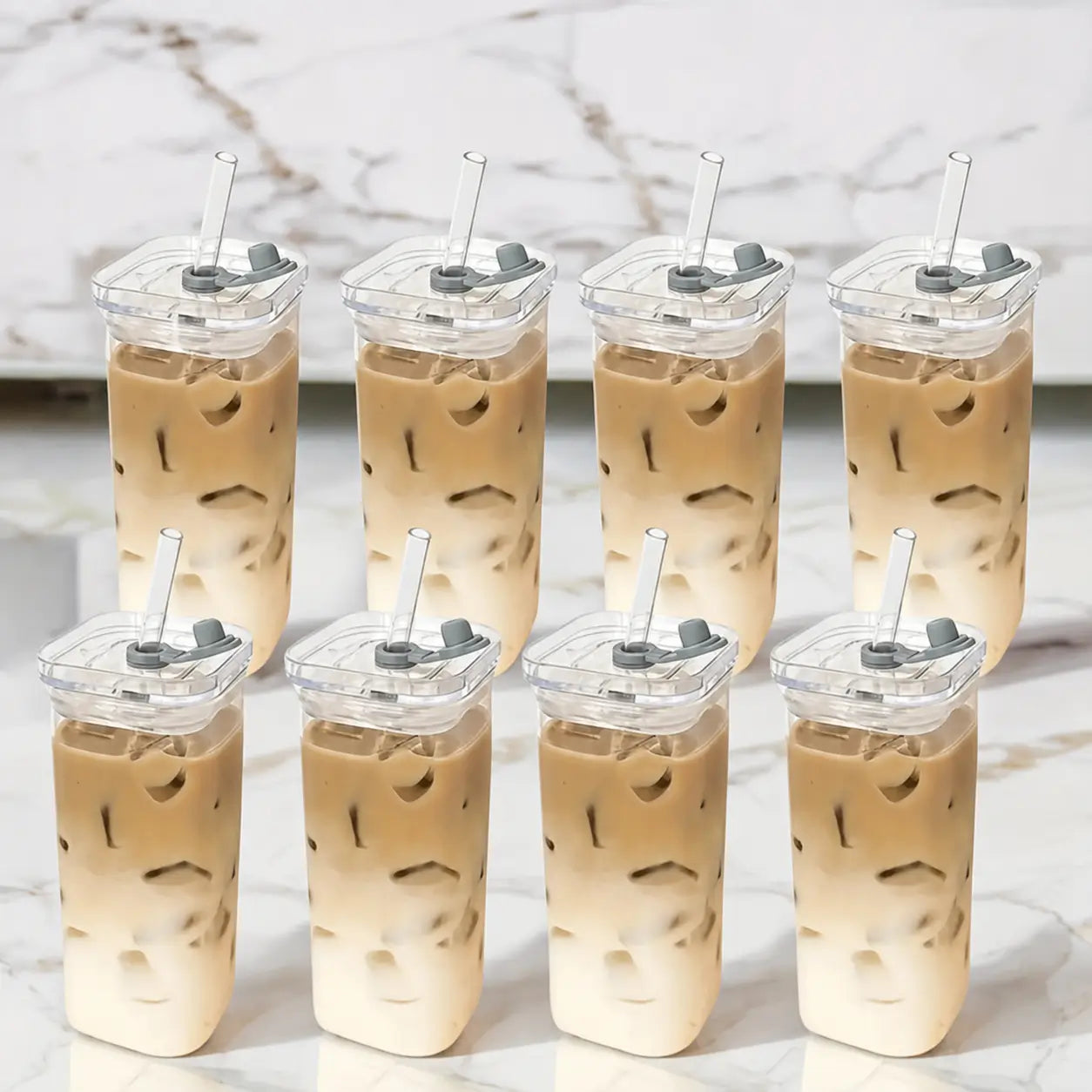 Set de 4 vasos de vidrio cuadrados con tapa y popote, 350 ml, para café frío, jugos y cocteles en casa u oficina