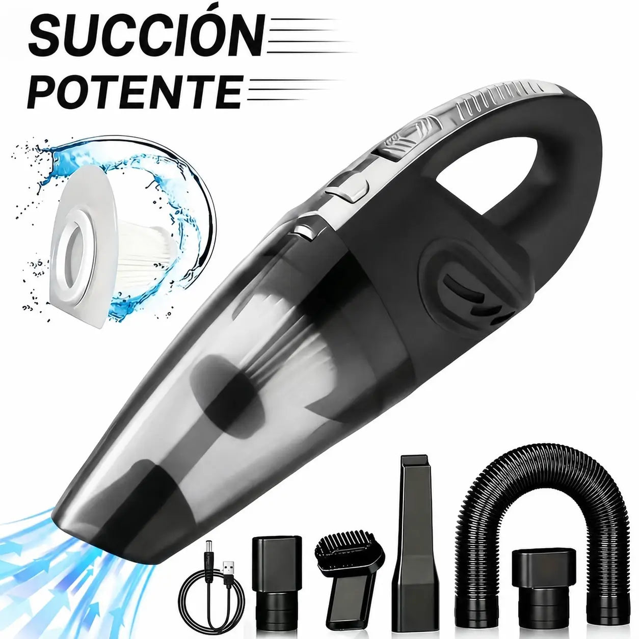 Aspiradora inalámbrica de mano para auto y hogar, succión potente para pelo de mascota, polvo, migas y líquidos con accesorios prácticos
