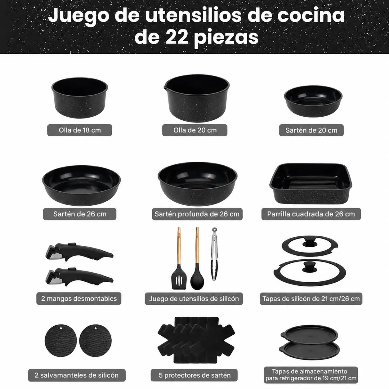 Set de ollas y sartenes cerámicos antiadherentes de 22 piezas con mango desmontable para cocina diaria y espacios pequeños en casa