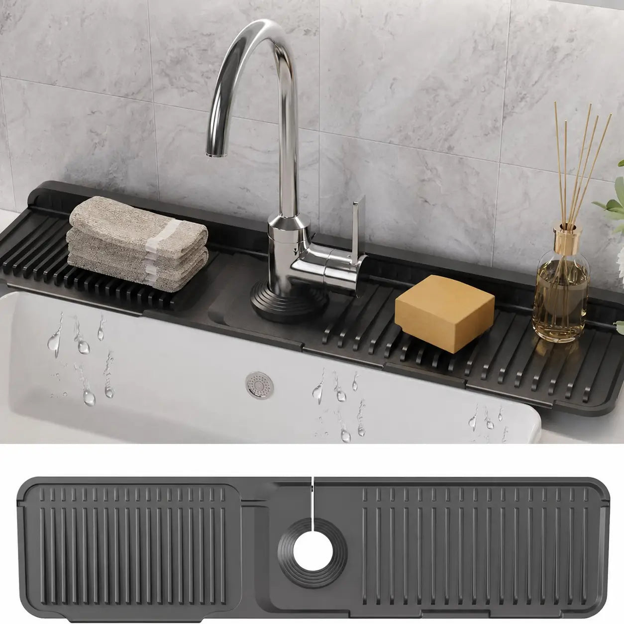 Tapete de silicón para grifo con drenado automático y seguro de botón para mantener seca tu tarja de cocina sin salpicaduras