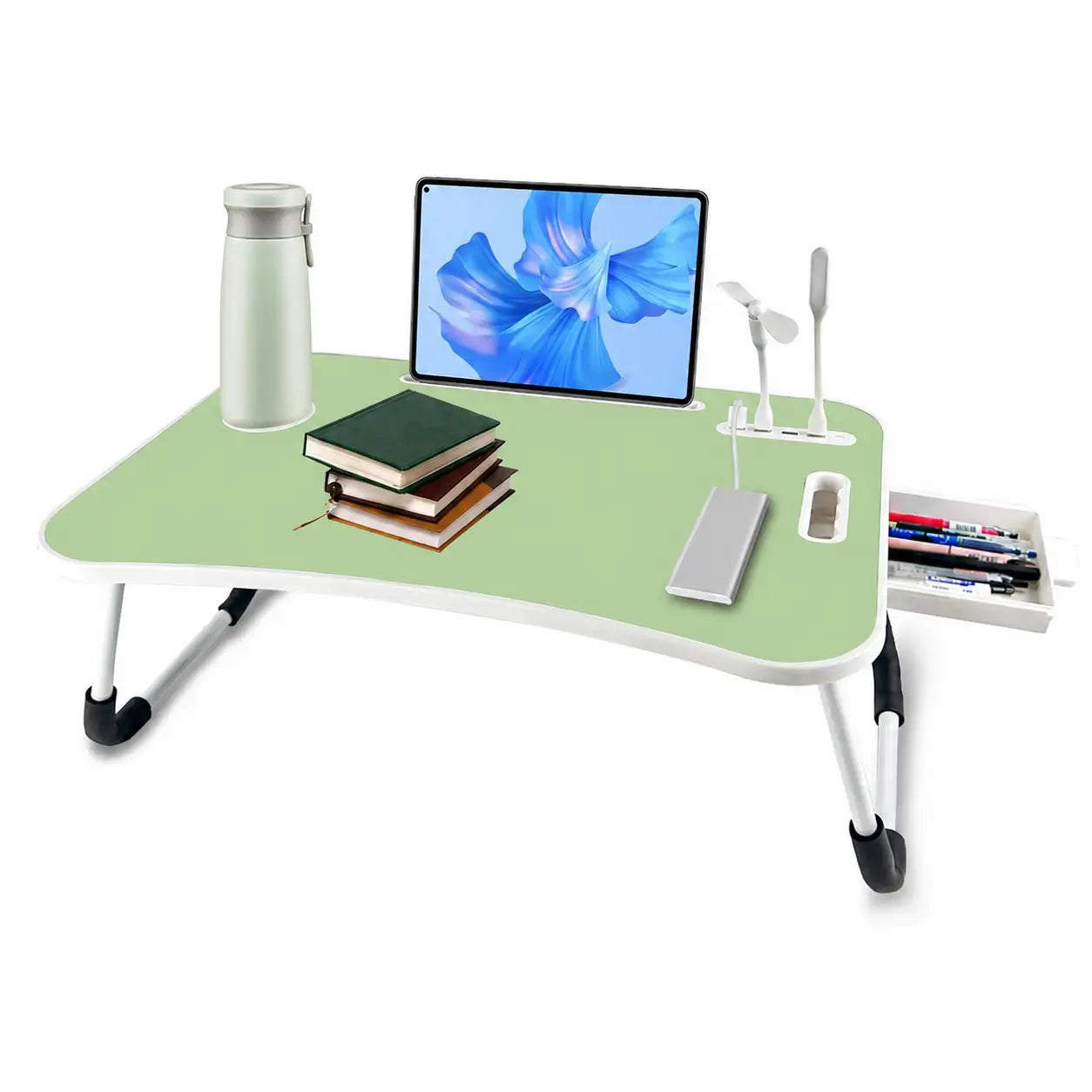 Mesa plegable para laptop con 4 puertos USB, cajón y portavasos para trabajar, leer o estudiar cómodo en cama o sofá
