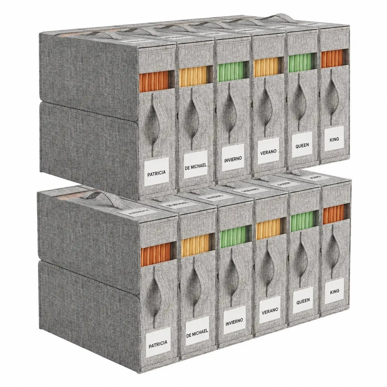 Set de 4 organizadores para sábanas con ventana transparente, cajas plegables para clóset de blancos king y queen con asa reforzada