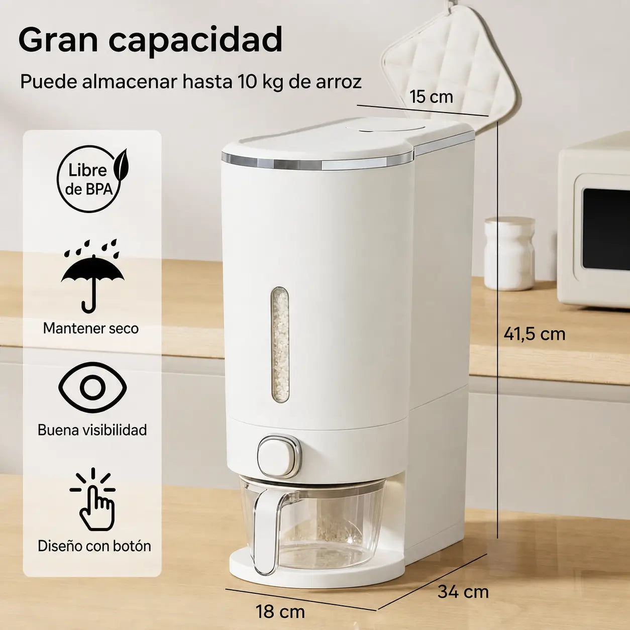 Dispensador hermético de arroz con taza medidora y protección contra insectos para cocina y despensa familiar ordenada de uso diario en casa
