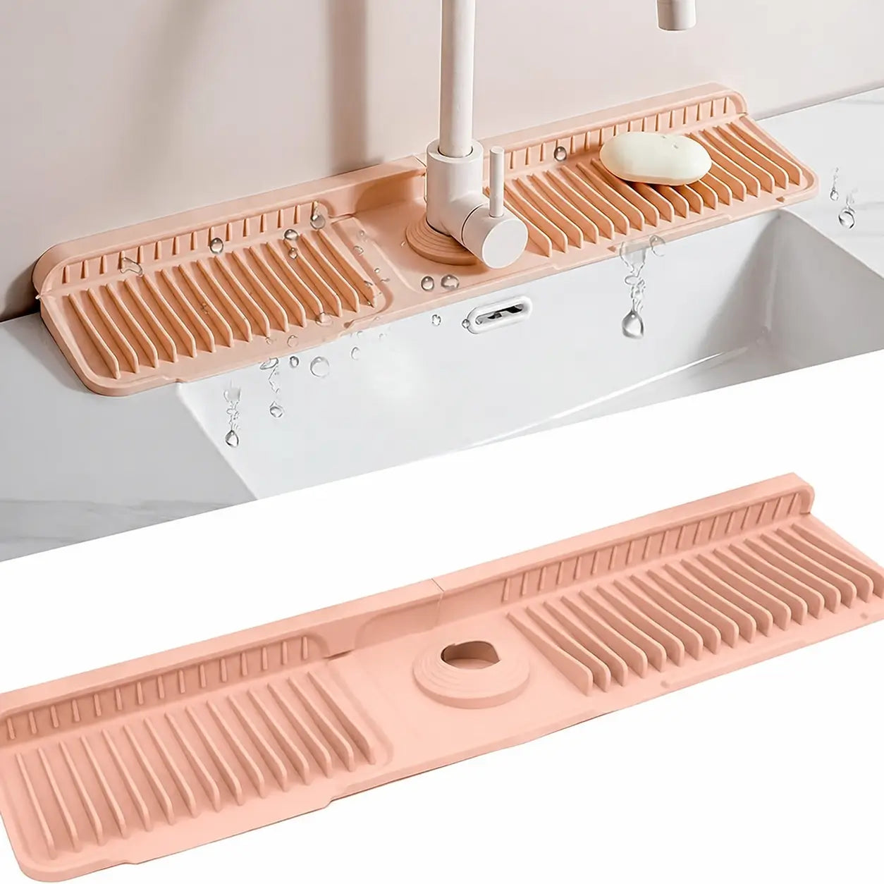 Tapete de silicón para grifo con drenado automático y seguro de botón para mantener seca tu tarja de cocina sin salpicaduras