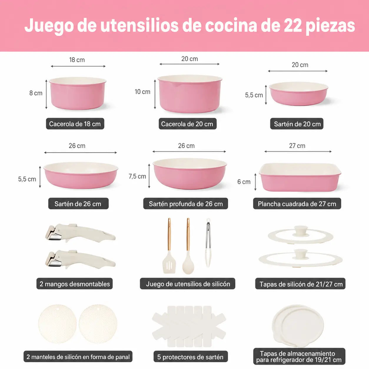 Set de ollas y sartenes cerámicos antiadherentes de 22 piezas con mango desmontable para cocina diaria y espacios pequeños en casa