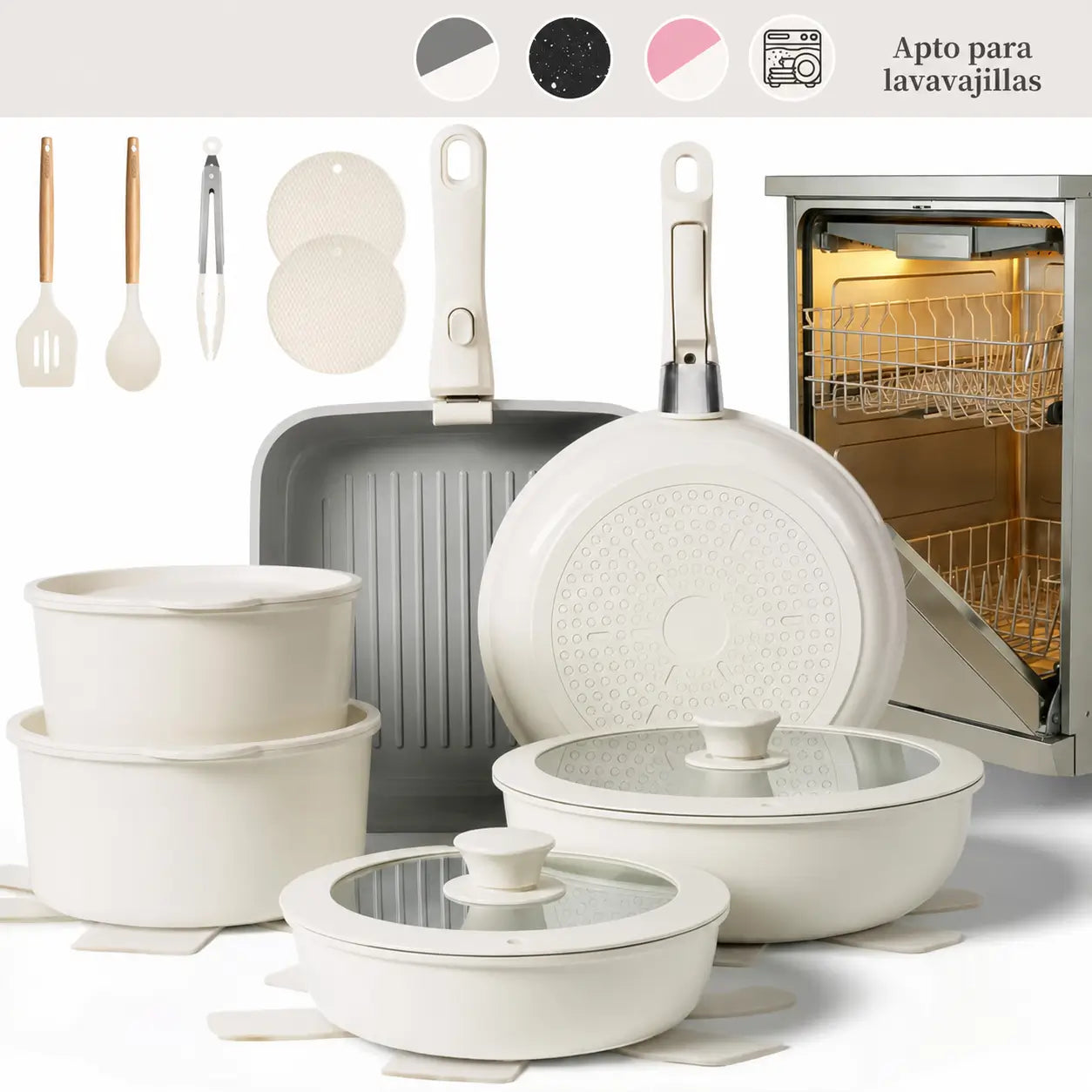 Set de ollas y sartenes cerámicos antiadherentes de 22 piezas con mango desmontable para cocina diaria y espacios pequeños en casa