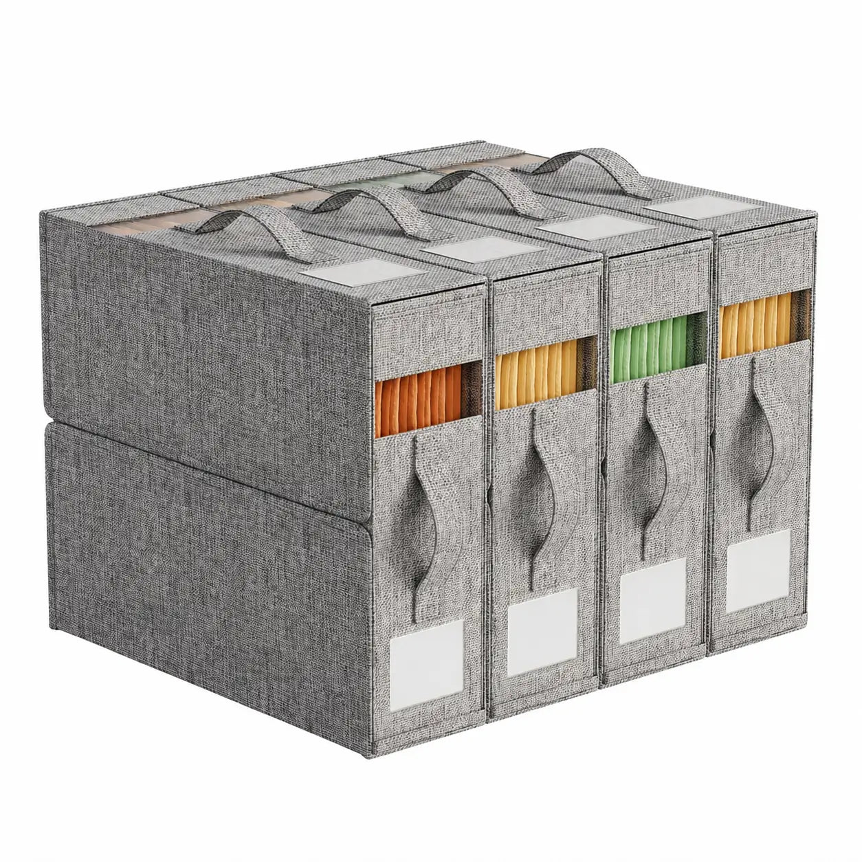 Set de 4 organizadores para sábanas con ventana transparente, cajas plegables para clóset de blancos king y queen con asa reforzada
