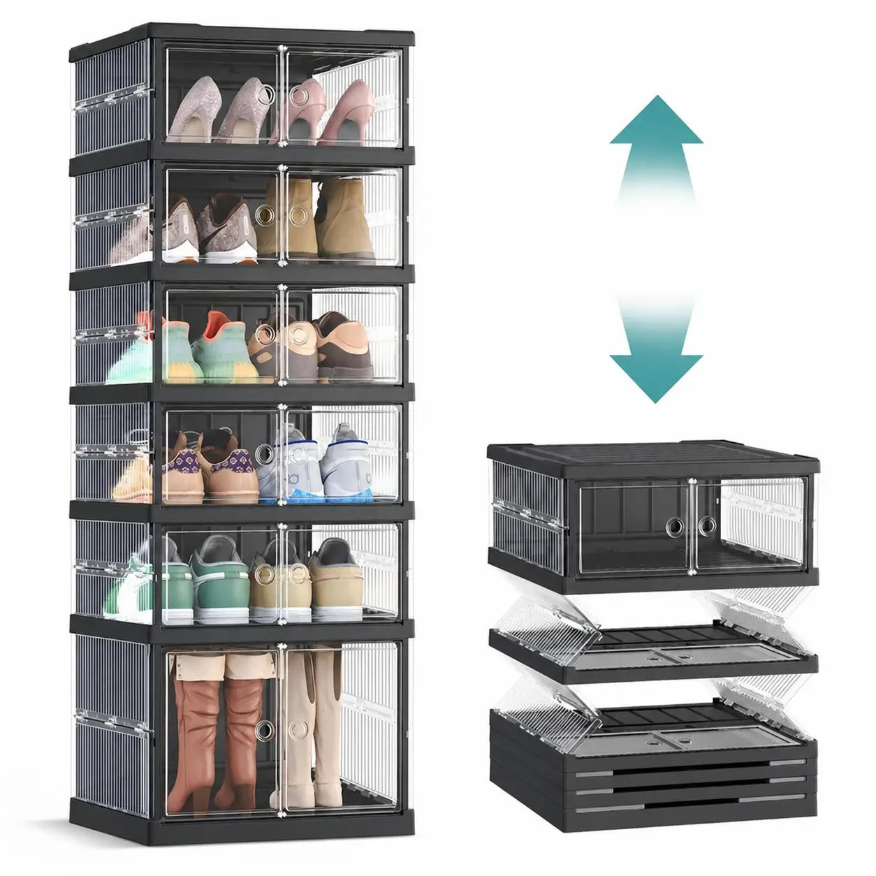 Zapatero plegable transparente con 6 cajas apilables para organizar tenis y zapatos hasta talla US 13 en clóset o entrada de casa