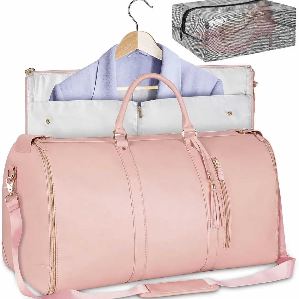 Bolsa weekender 57 L aprobada para avión con portatrajes desplegable, bolsillos con cierre y zapatero ventilado para viajes de fin de semana