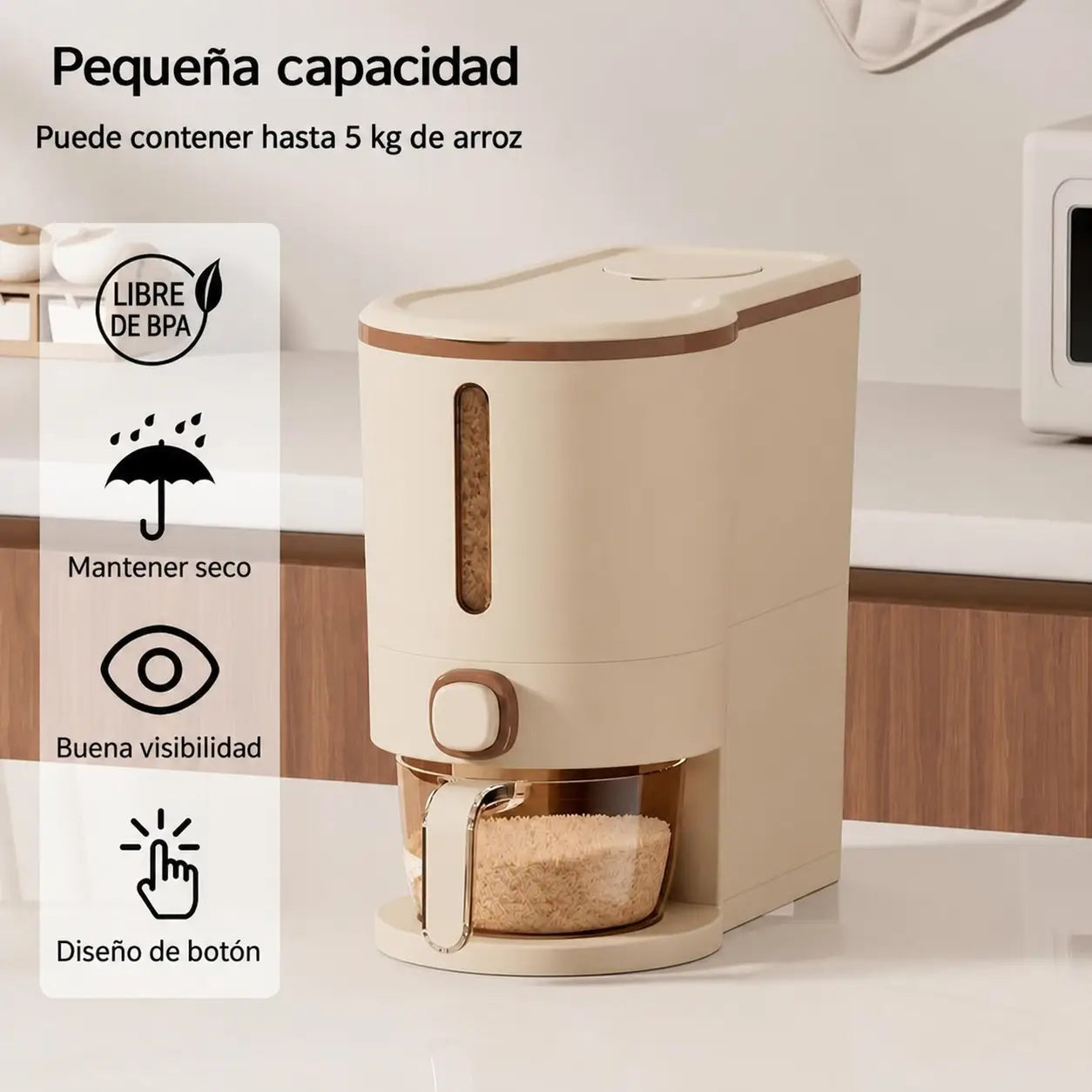 Dispensador hermético de arroz con taza medidora y protección contra insectos para cocina y despensa familiar ordenada de uso diario en casa