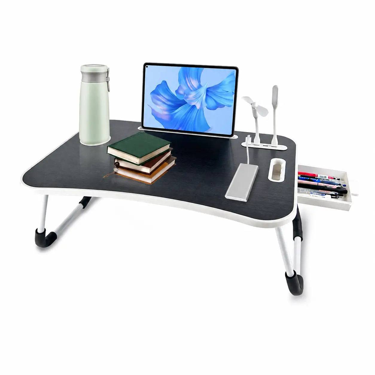 Mesa plegable para laptop con 4 puertos USB, cajón y portavasos para trabajar, leer o estudiar cómodo en cama o sofá