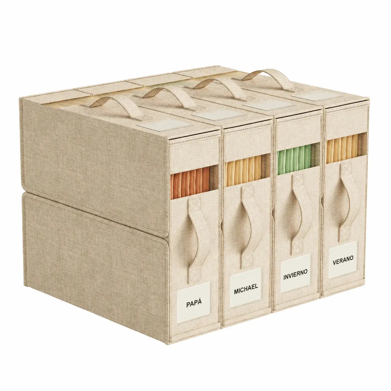 Set de 4 organizadores para sábanas con ventana transparente, cajas plegables para clóset de blancos king y queen con asa reforzada
