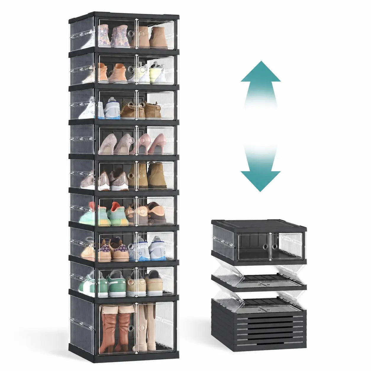 Zapatero plegable transparente con 6 cajas apilables para organizar tenis y zapatos hasta talla US 13 en clóset o entrada de casa