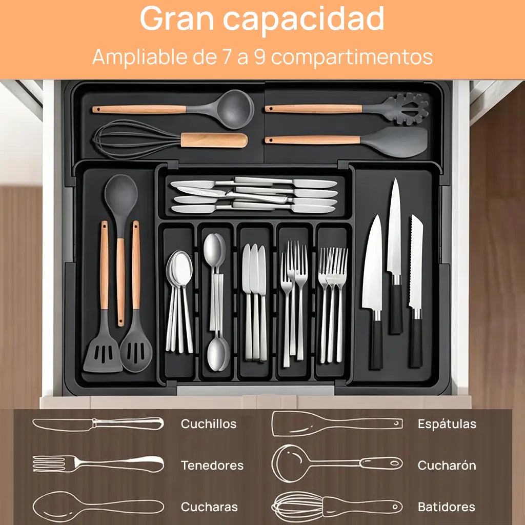 Organizador de cubiertos expandible con 9 compartimentos y base antideslizante para cajón