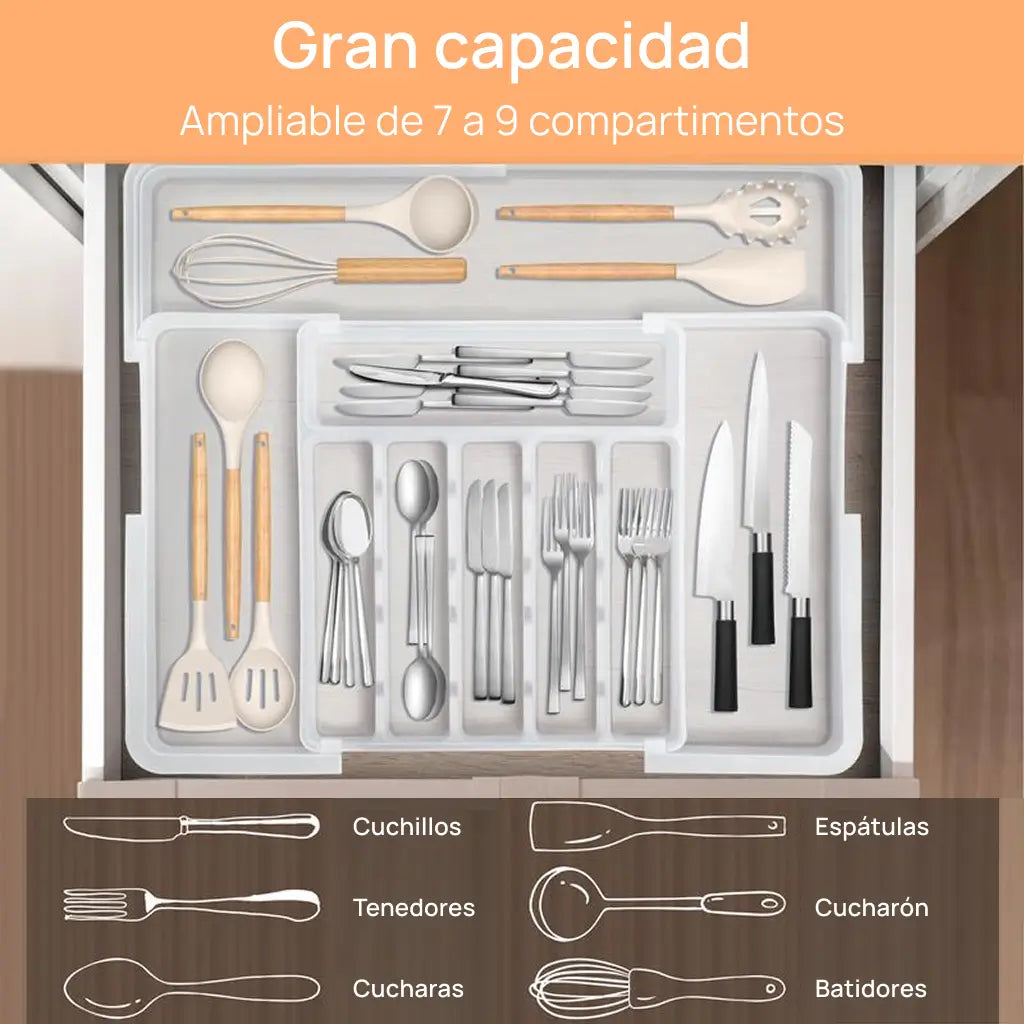 Organizador de cubiertos expandible con 9 compartimentos y base antideslizante para cajón