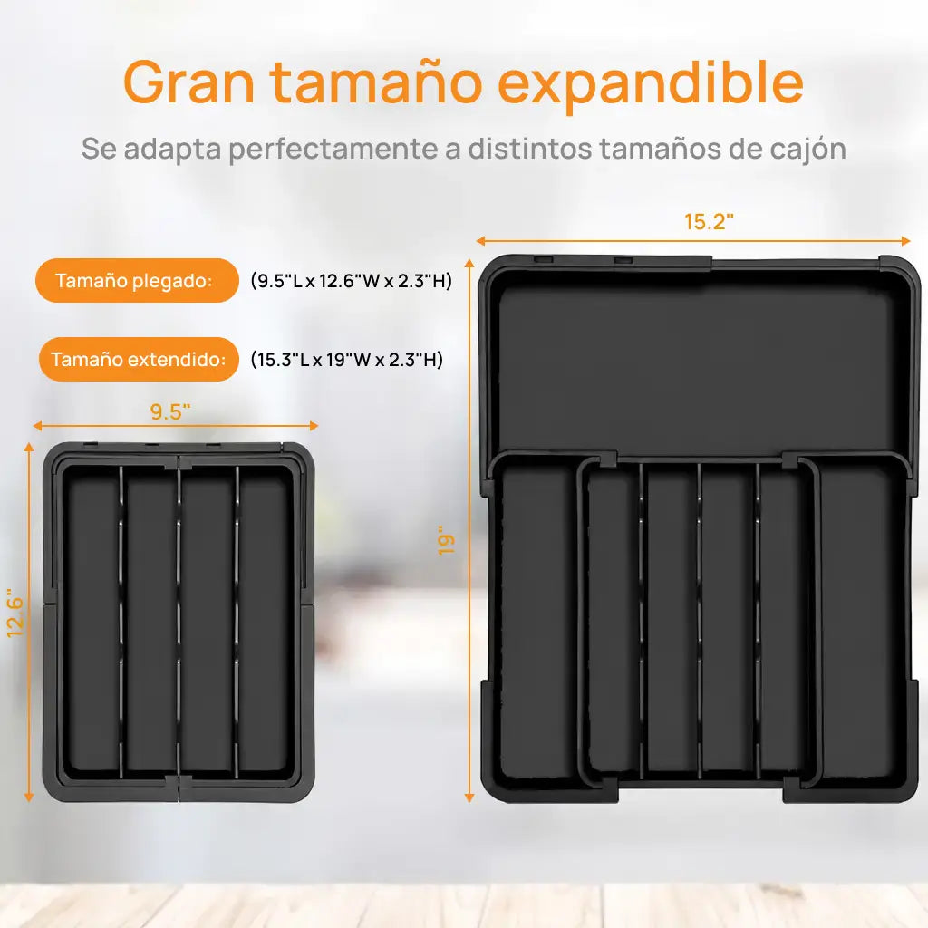 Organizador de cubiertos expandible con 9 compartimentos y base antideslizante para cajón