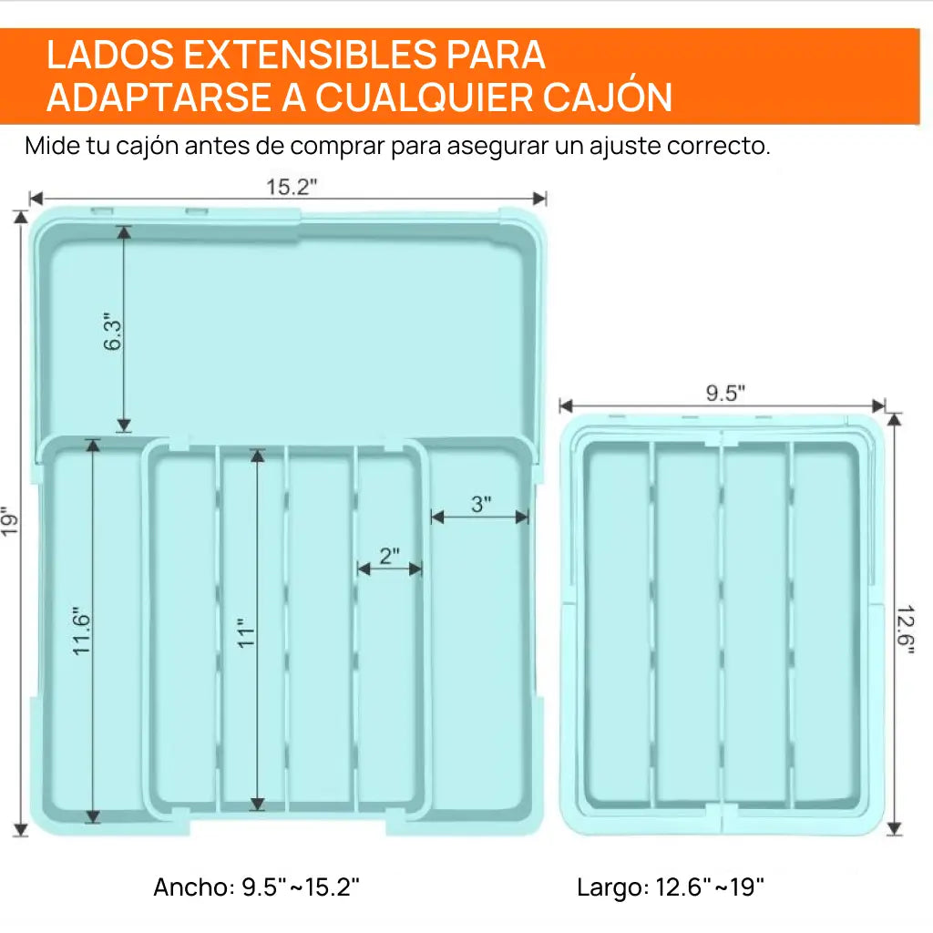 Organizador de cubiertos expandible con 9 compartimentos y base antideslizante para cajón