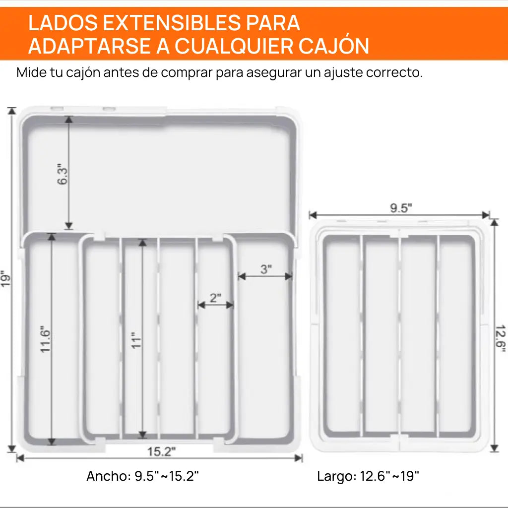 Organizador de cubiertos expandible con 9 compartimentos y base antideslizante para cajón