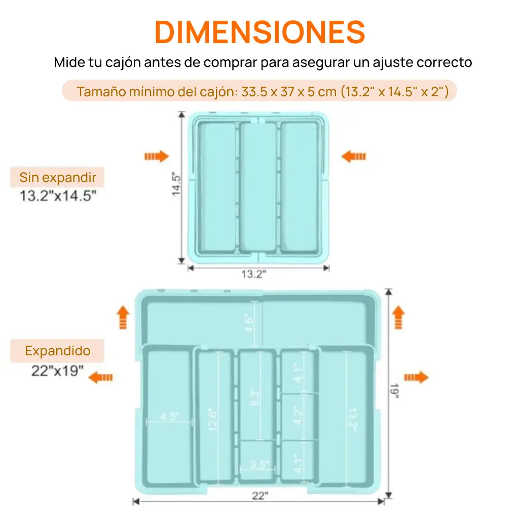 Organizador de cubiertos expandible con 9 compartimentos y base antideslizante para cajón