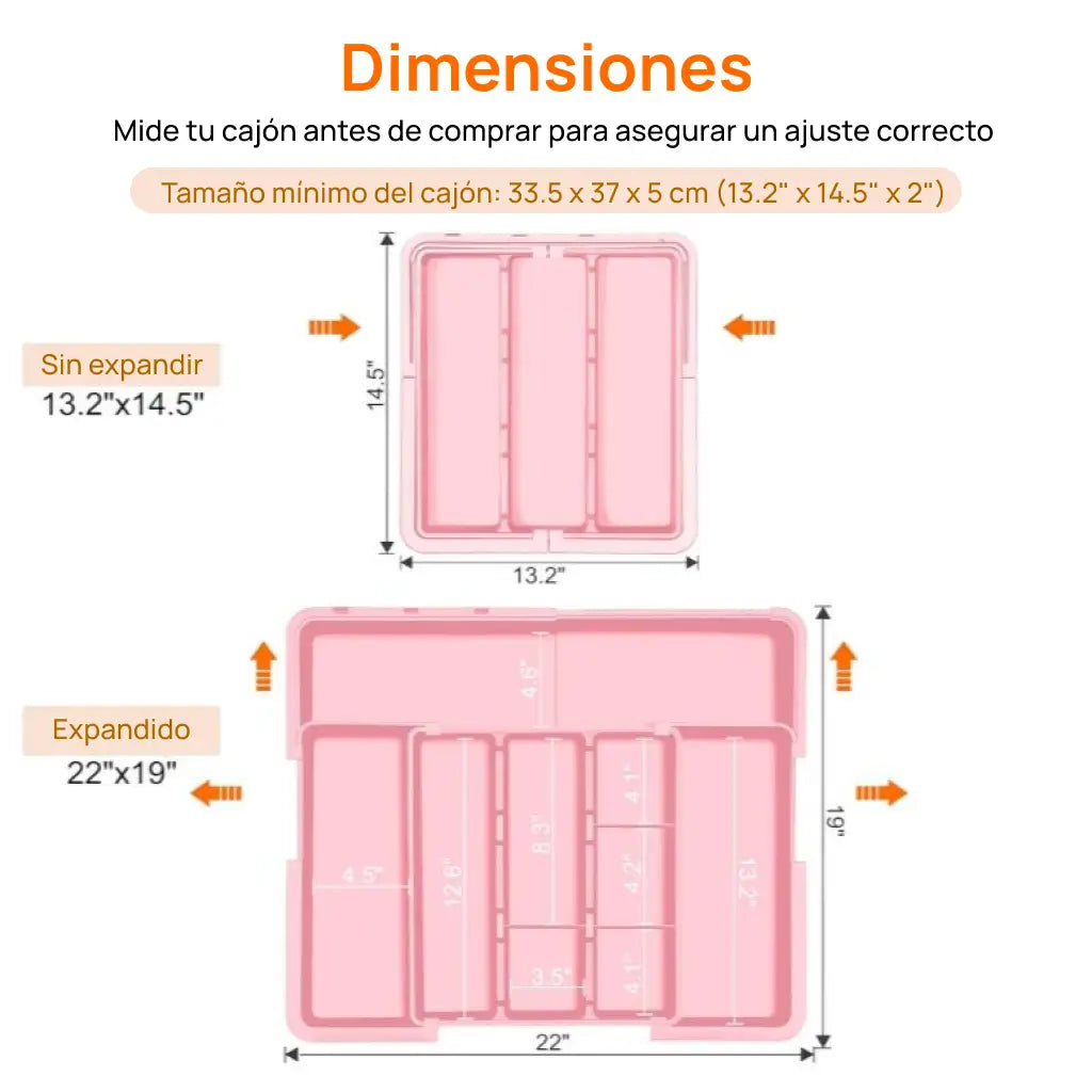 Organizador de cubiertos expandible con 9 compartimentos y base antideslizante para cajón