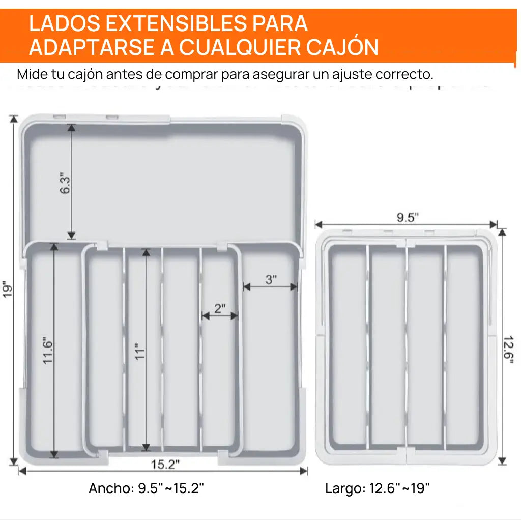 Organizador de cubiertos expandible con 9 compartimentos y base antideslizante para cajón