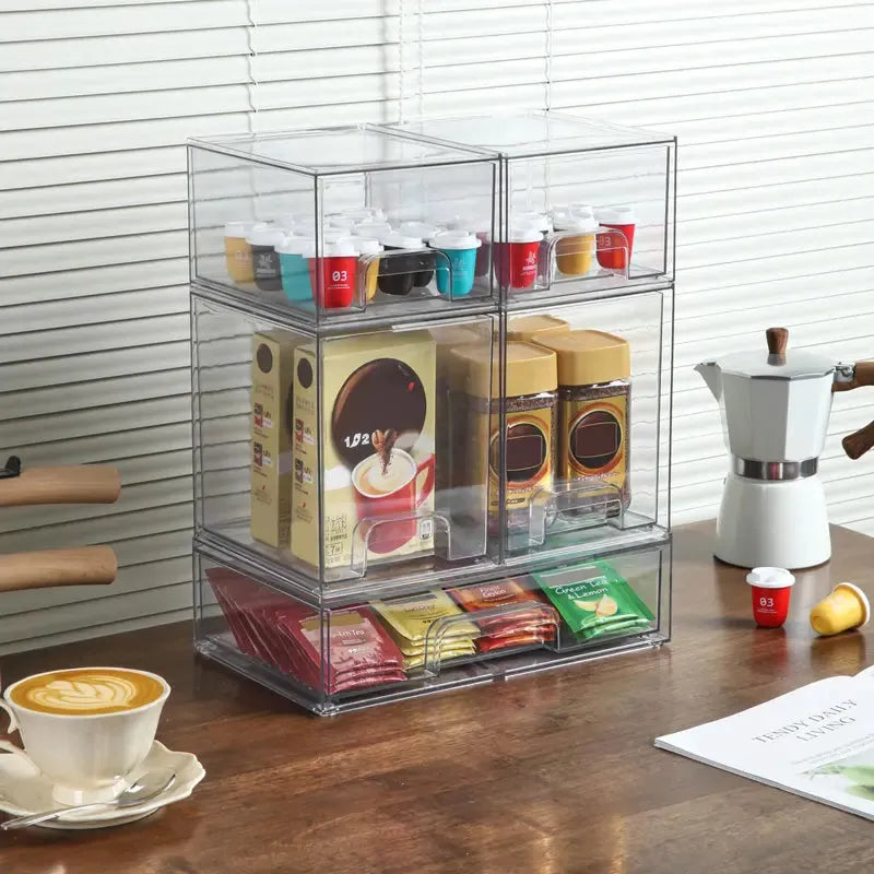 Juego de 2 gavetas organizadoras apilables con 8 cajas transparentes libres de BPA, flexibles, seguras y de diseño modular versátil para hogar