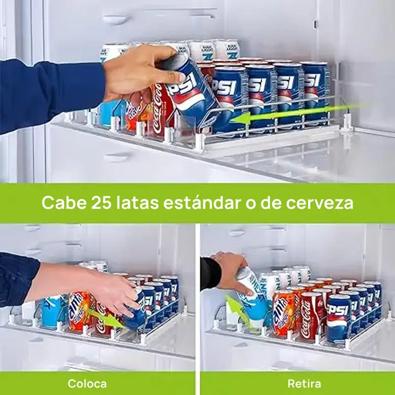 Organizador y dispensador automático de latas para refrigerador, soporta 355 ml, 473 ml y 591 ml, 3 o 5 filas, organiza bebidas y mantiene orden perfectamente