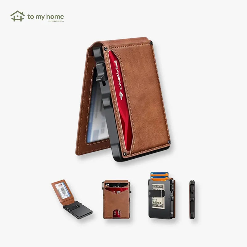 Cartera masculina slim minimalista de aluminio con bloqueo RFID, visor, clip para billetes, sistema pop-up y diseño compacto, segura, elegante y práctica para uso diario
