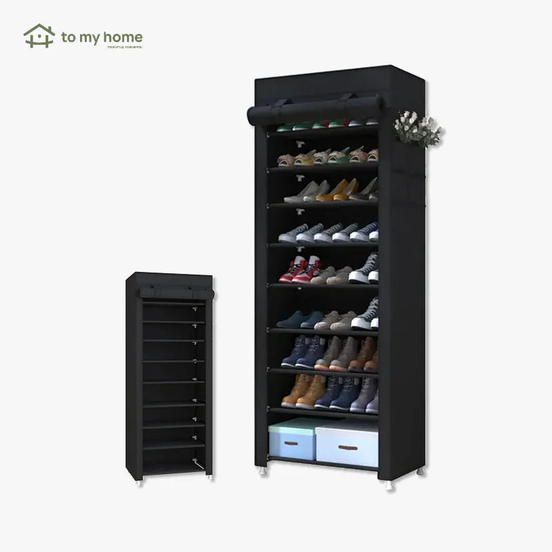 Zapatera organizadora de 10 niveles con 9 compartimentos y funda antipolvo para almacenamiento de calzado doméstico en espacios del hogar
