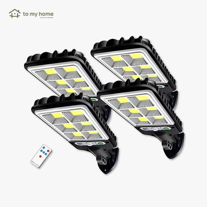 Juego de 4 luces solares LED para exteriores con 120 focos, control remoto, sensor de movimiento y tres modos de iluminación eficiente