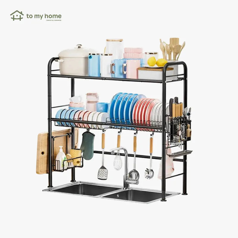 Escurridor de platos sobre el fregadero de metal con 2 niveles, organiza platos y utensilios, ahorra espacio y permite secado eficiente en cocina
