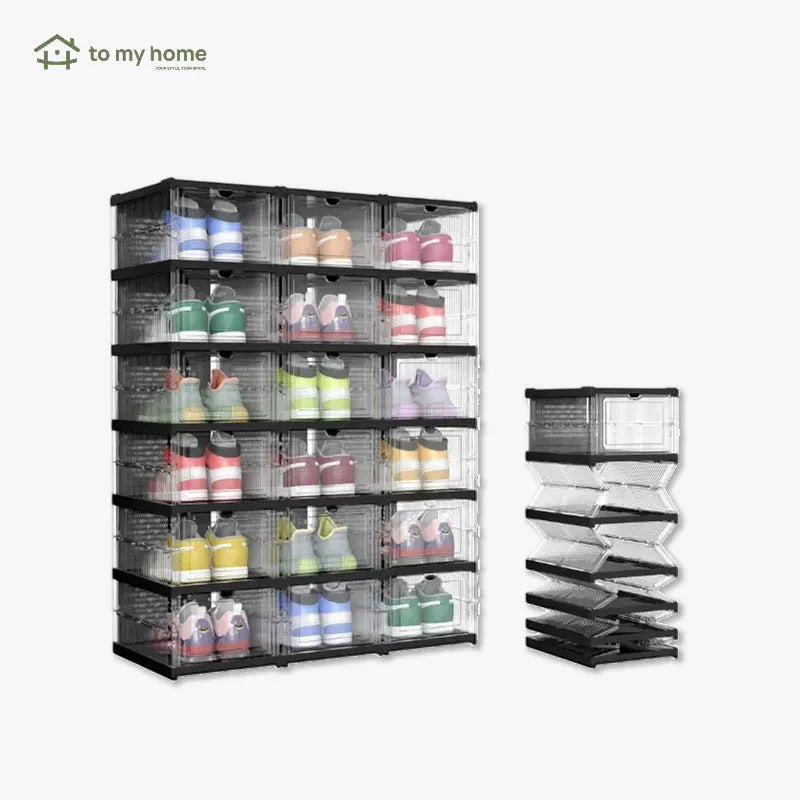 Cajas organizadoras plegables y apilables para zapatos, fabricadas en plástico PP transparente, soportan hasta talla 13 EUA, visibilidad total y almacenamiento eficiente