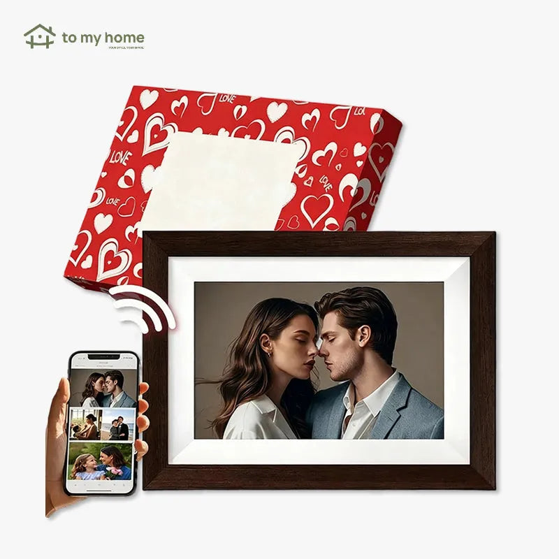 Marco digital Frameo de 25.7cm con moldura de madera, fácil instalación, memoria interna de 32GB para fotos, recuerdos vivos y momentos especiales conservados