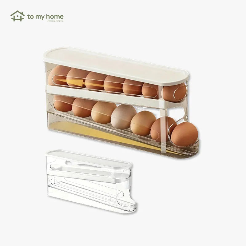 Caja organizadora transparente para huevos con sistema de rodamiento, ahorra espacio en la refrigeradora, durabilidad confiable y acceso práctico para almacenamiento seguro