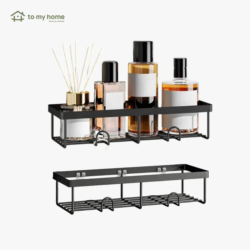 Organizador de ducha de 5 piezas color negro, con estantes y ganchos removibles, instalación fácil sin perforaciones, mantiene baño ordenado y limpio eficientemente