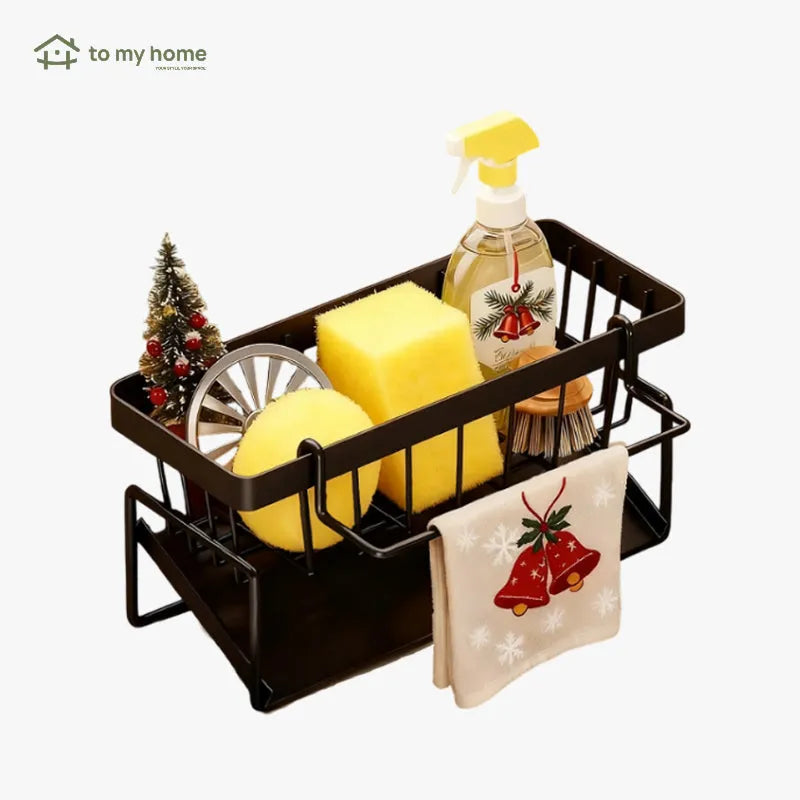 Soporte organizador para fregadero de cocina en acero inoxidable, con divisor para esponjas y compartimento para jabón, mantiene la cocina ordenada y funcional
