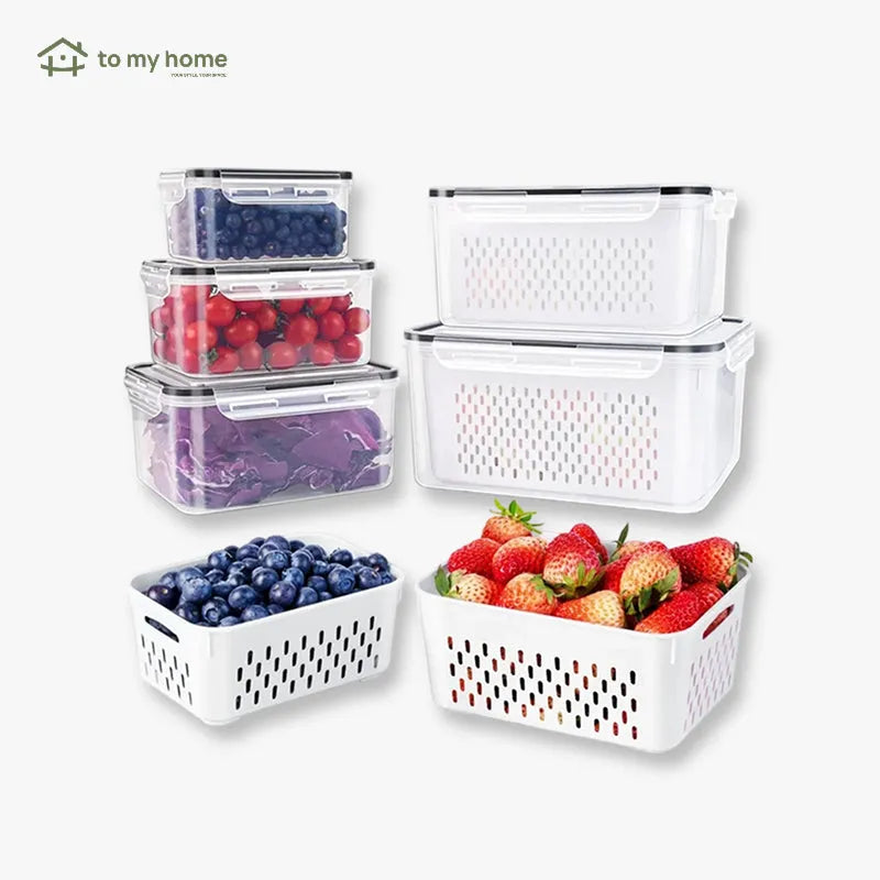 Kit con 5 organizadores apilables para refrigerador, con colador removible para frutas, verduras y carnes frescas, mantiene frescura prolongada y orden eficiente