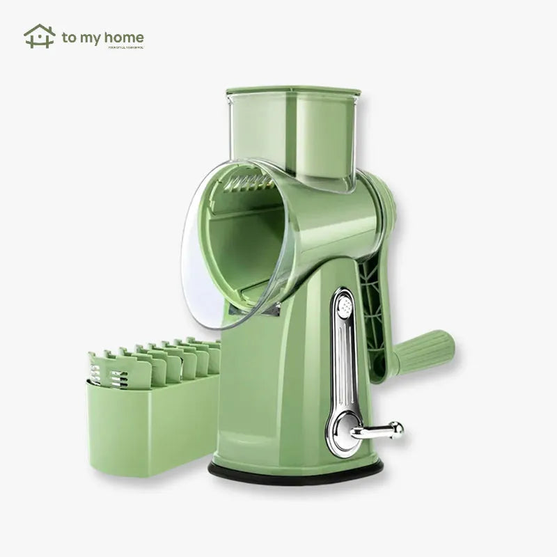 Rallador de queso rotativo con 5 cuchillas diferentes, base con fuerte succión, mango cómodo, permite cortar verduras y quesos fácilmente, versatilidad total garantizada